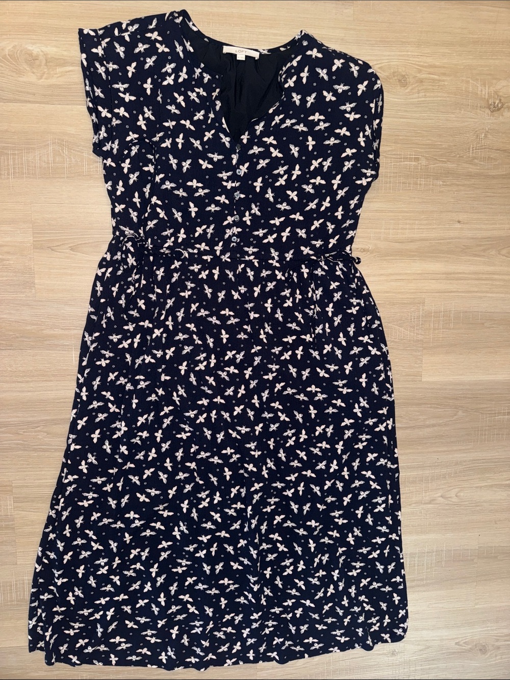 LOFT AnnTaylor Midnight Blue Dress with Cream Dragonfly adjustable waist straps